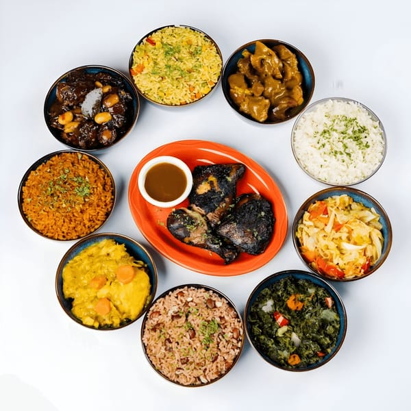 A vibrant spread of Caribbean dishes, including jerk chicken, rice, and various stews, on a white background.